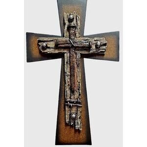 12.75" Tall Rustic Layered Metal Cross Wall Decor, Never Displayed